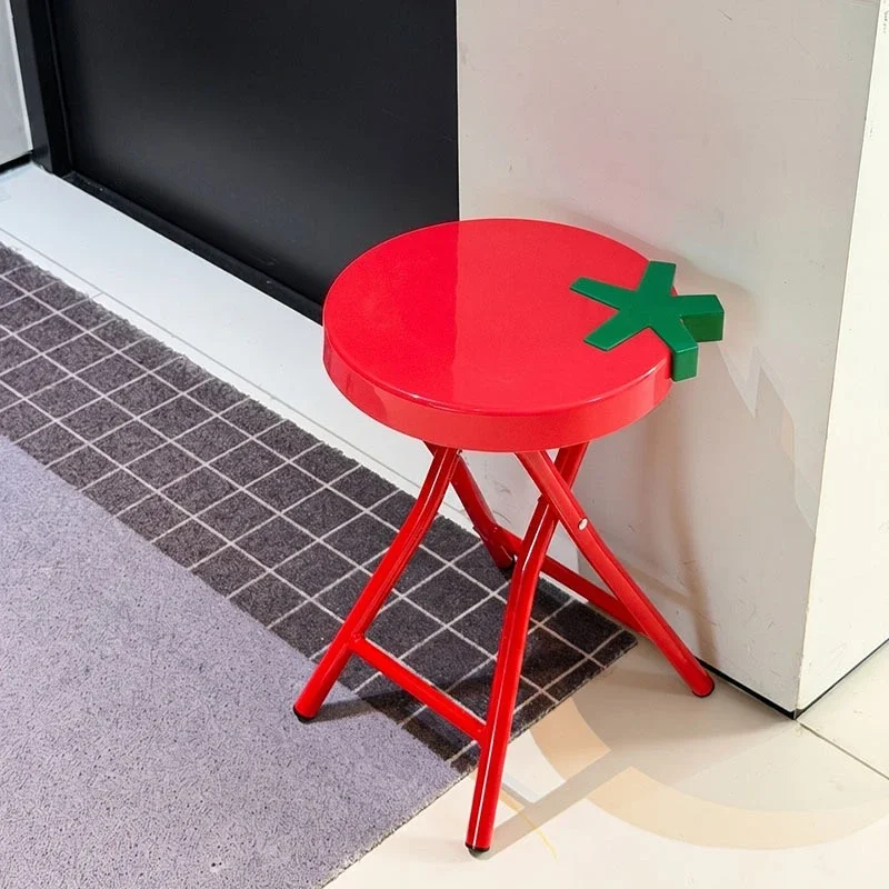 T*@ C Tomato Folding Stool Round Stools Trendy Furniture Cute Portable Chairs Household Adult Iron High Stool Home Furniture