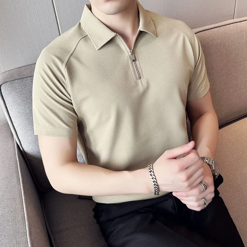 Luxury Polos Men Summer High Elastic Ice Silk Bubble Top Zipper Desinger Polo Shirts Men's Short Sleeve Lapel T-shirt 4XL New