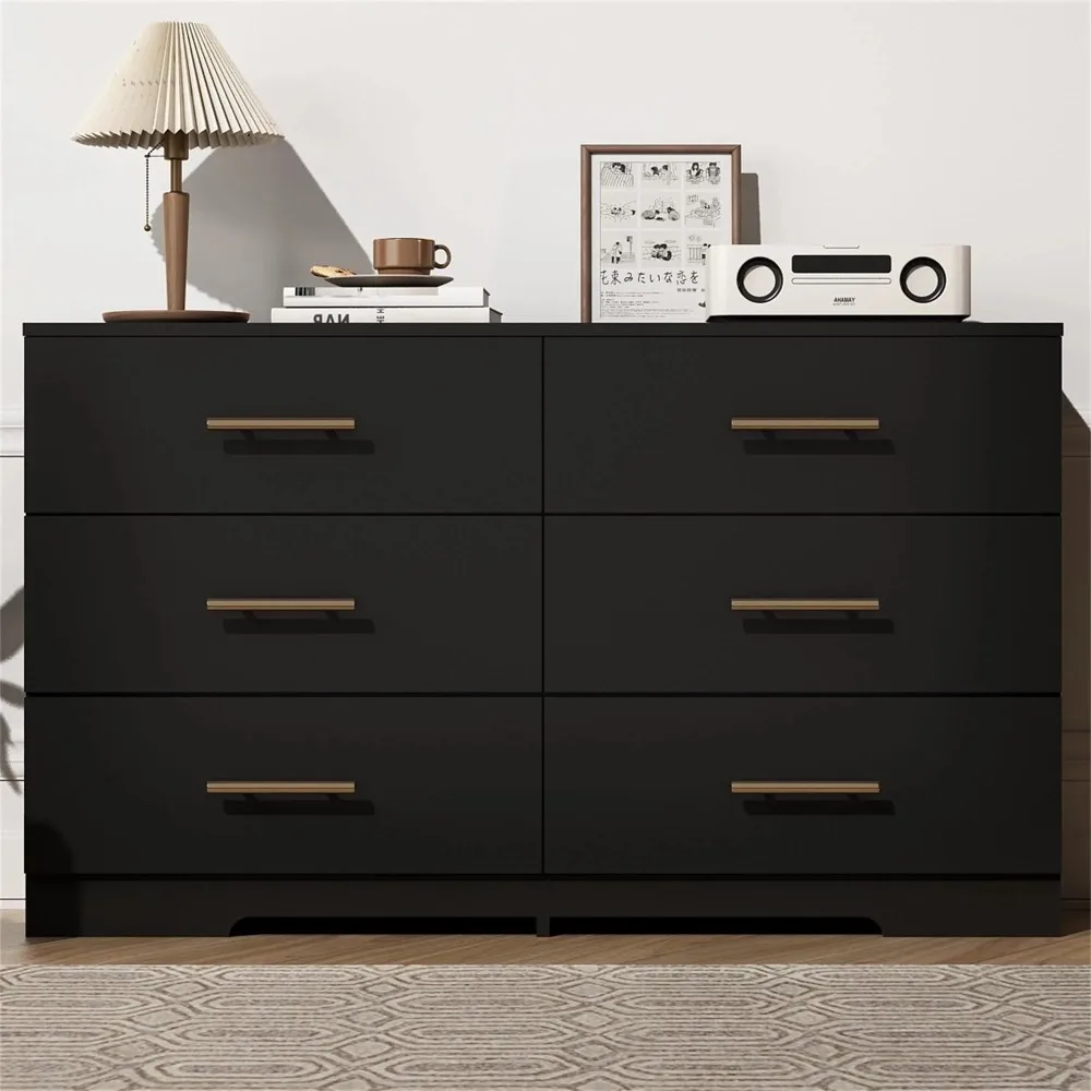 

Modern Chest of Drawer Dressers Table, 6 Drawer Double Dresser with Golden Handle, Black Storage Cabinet for Living Room