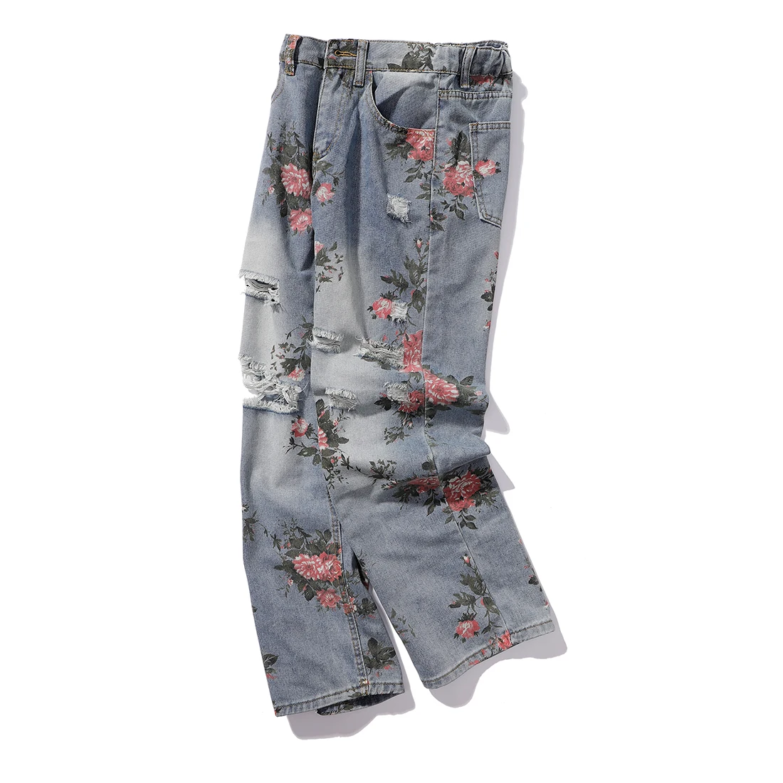Rose bedruckte Jeans für Herren und Damen, gerade Jeanshose mit weitem Bein, zerrissen, Herbst, neue Vintage-Jeans mit entspannter Passform, S-3XL
