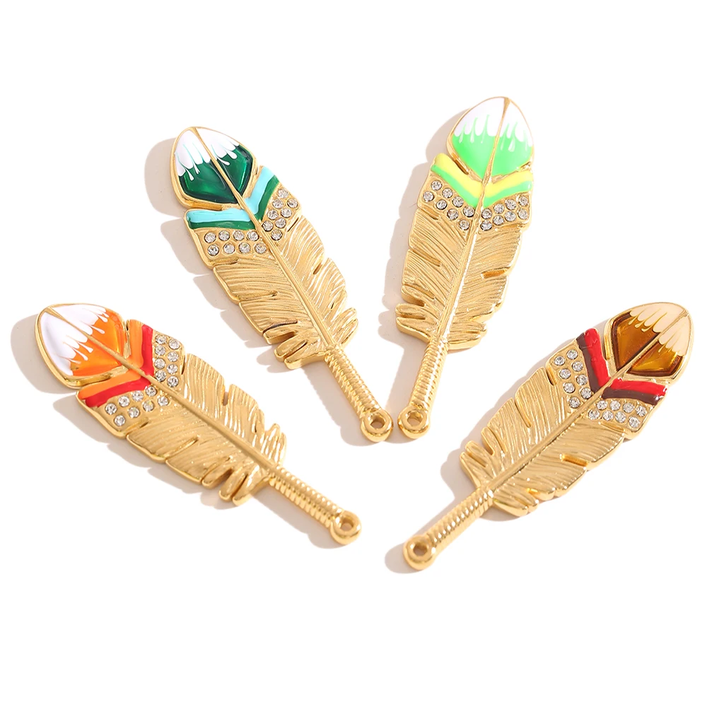 

1/2PCS Gold Plated Enamel Feather Charms Rhinestones Boho Feather Pendants for DIY Necklace Bracelet Jewelry Making Wholesale