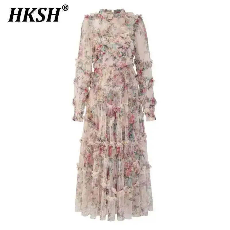 

HKSH 2025 женские юбки с длинными рукавами и цветочным принтом из органзы, плиссированные элегантные формальные сетчатые модные шикарные элегантные свадебные платья HK3712