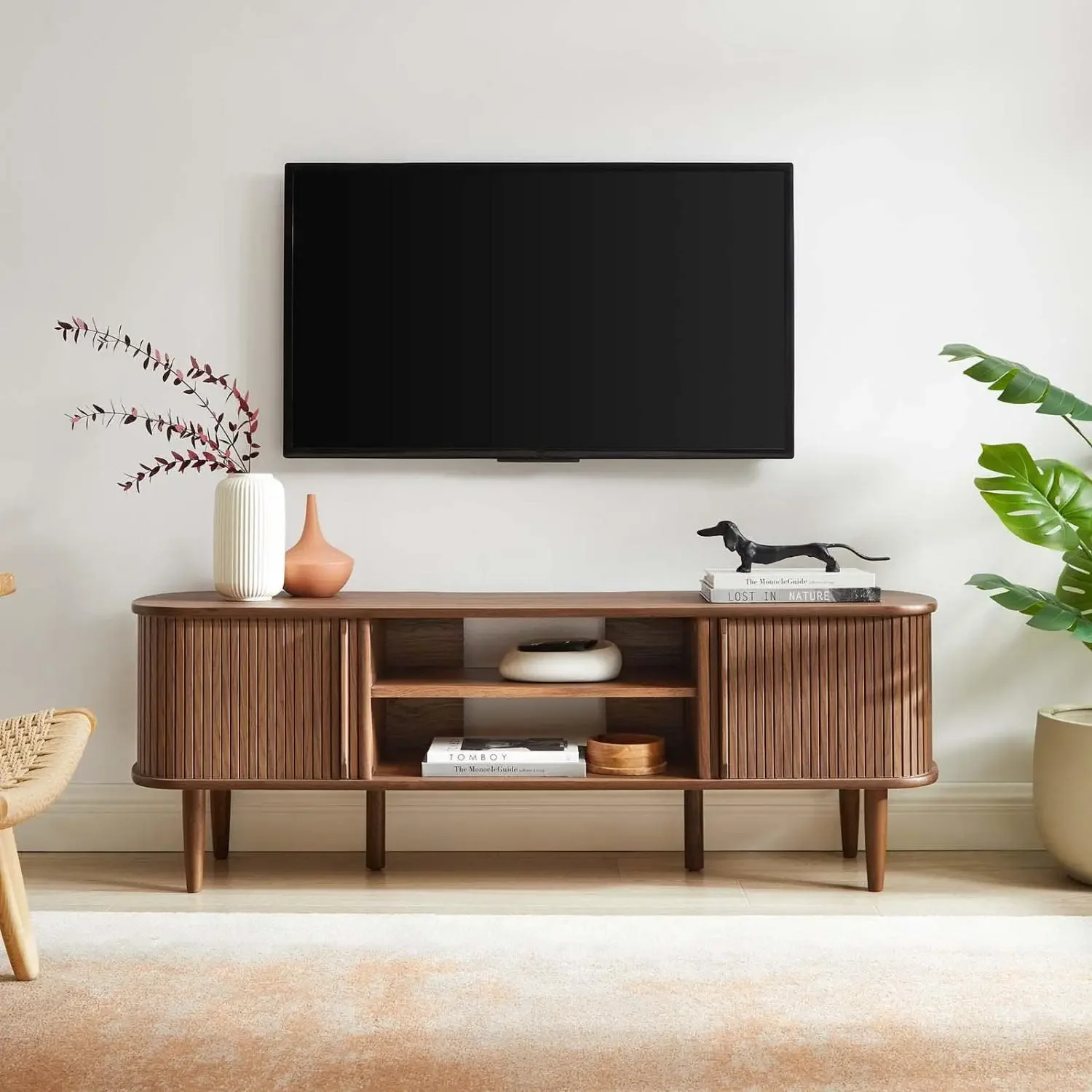 Contour Mid-Century Modern Media TV Stand in Walnut, 15 x 54.5 x 18.5， tv cabinet