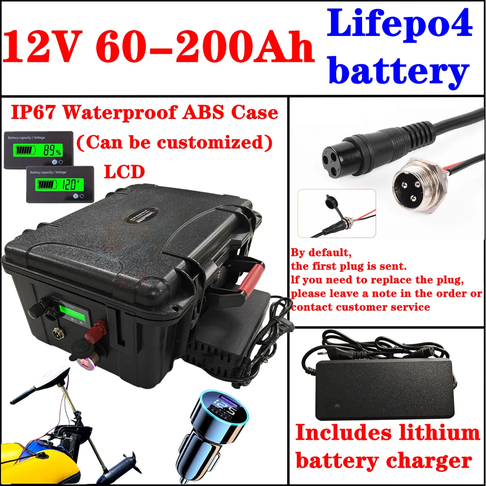 LiFePo4 12V 60AH/80AH/100AH/120AH/150AH/180/200AH Lithium Battery with bms for fish boat vehicle power supply +10A charger