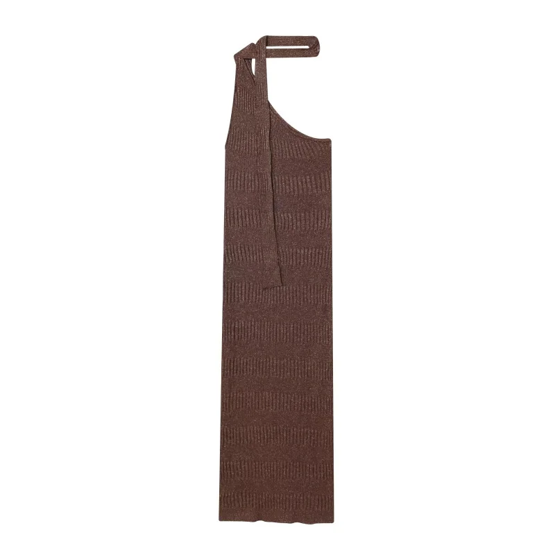 ETJ 2025 mujer otoño nueva moda diseño asimétrico elegante sexy jersey sin mangas MIDI vestido de punto