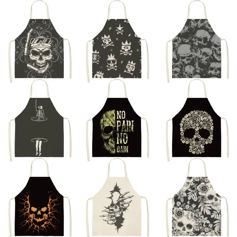 Black Background And White Skull Print Pattern Apron Sci-Fi Style Sleeveless Fashion Party Halloween Dress Up Apron 55x68cm