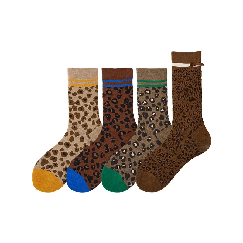 2-Paar Damen-Socken mit Leopardenmuster und Schleife in der Mitte der Wade, einfarbig, Retro-Braun, gestapelt, sportlich, lange Baumwollsocken für Herbst und Winter