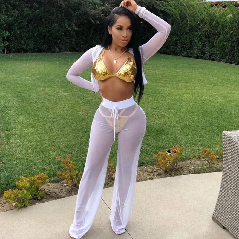 Women sexy transparent Mesh two piece set top and pants 2019 summer 2 piece set club outfits lady tracksuit sportwear sweat suit