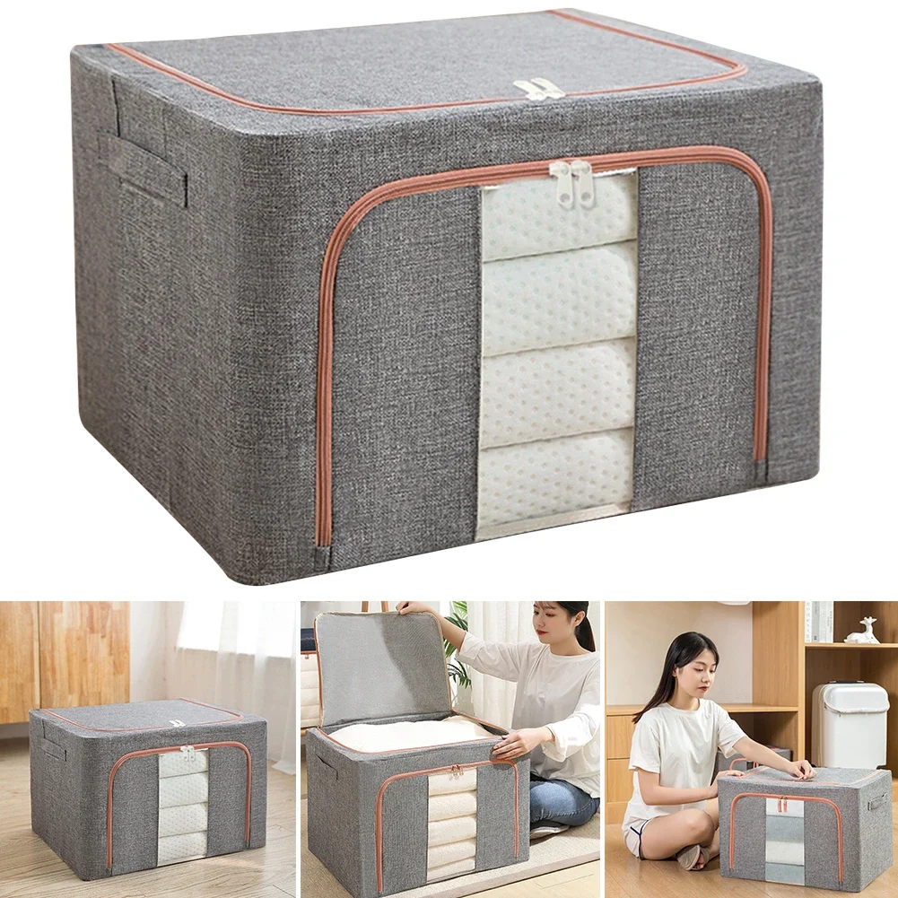 Stackable Storage Bag Linen Foldable Clothes Storage Box with Zipper Quilt Blanket Closet Clothing Organizer for Duvets Clothes