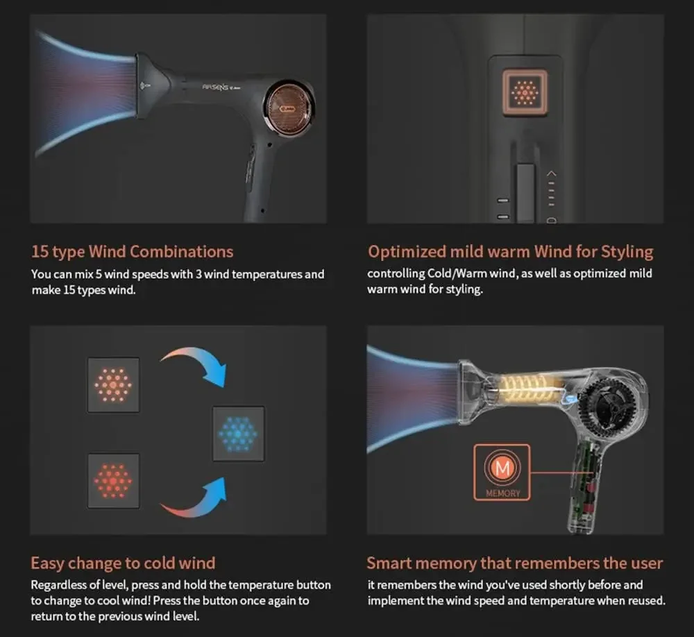 AIR SENS Professional Hair Dryer - 3 Heat X 5 Wind Fast Drying, Low Noise, Curling, Durable, Best Blow Dryer Frizzy Hair, 2 Nozz