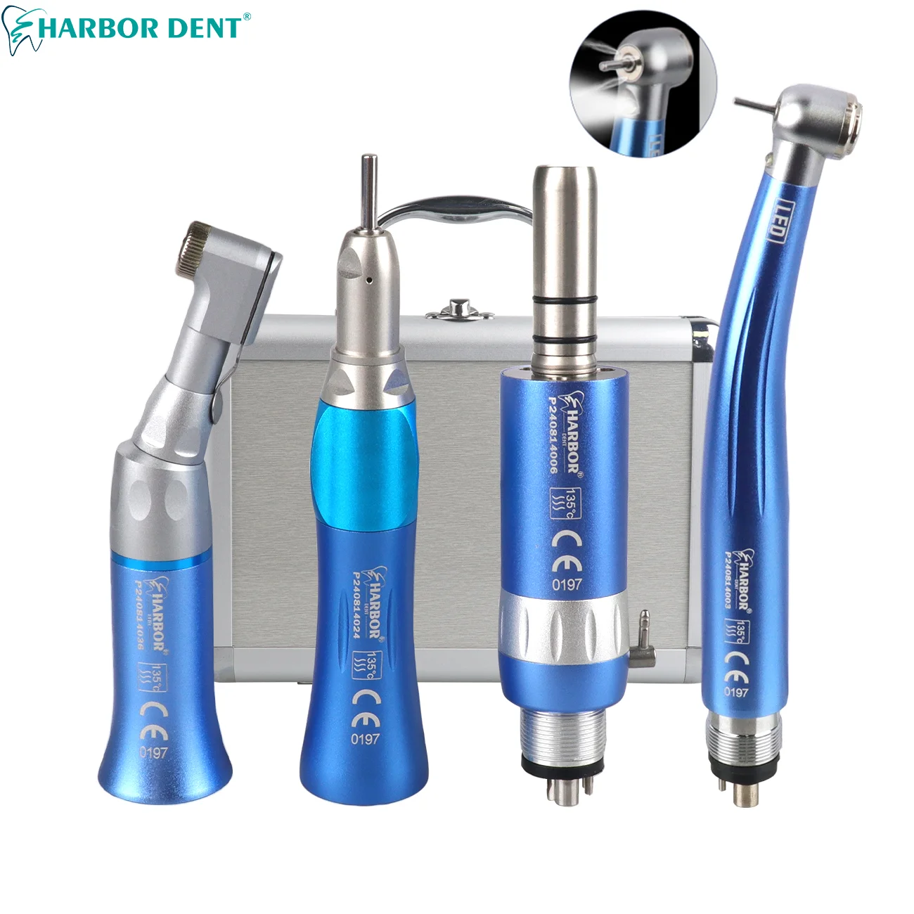 Dental LED High & Low Speed Handpiece Metal Box Kits Straight Contra Angle External Water Spray Air Turbine 2/4 Hole Blue Color