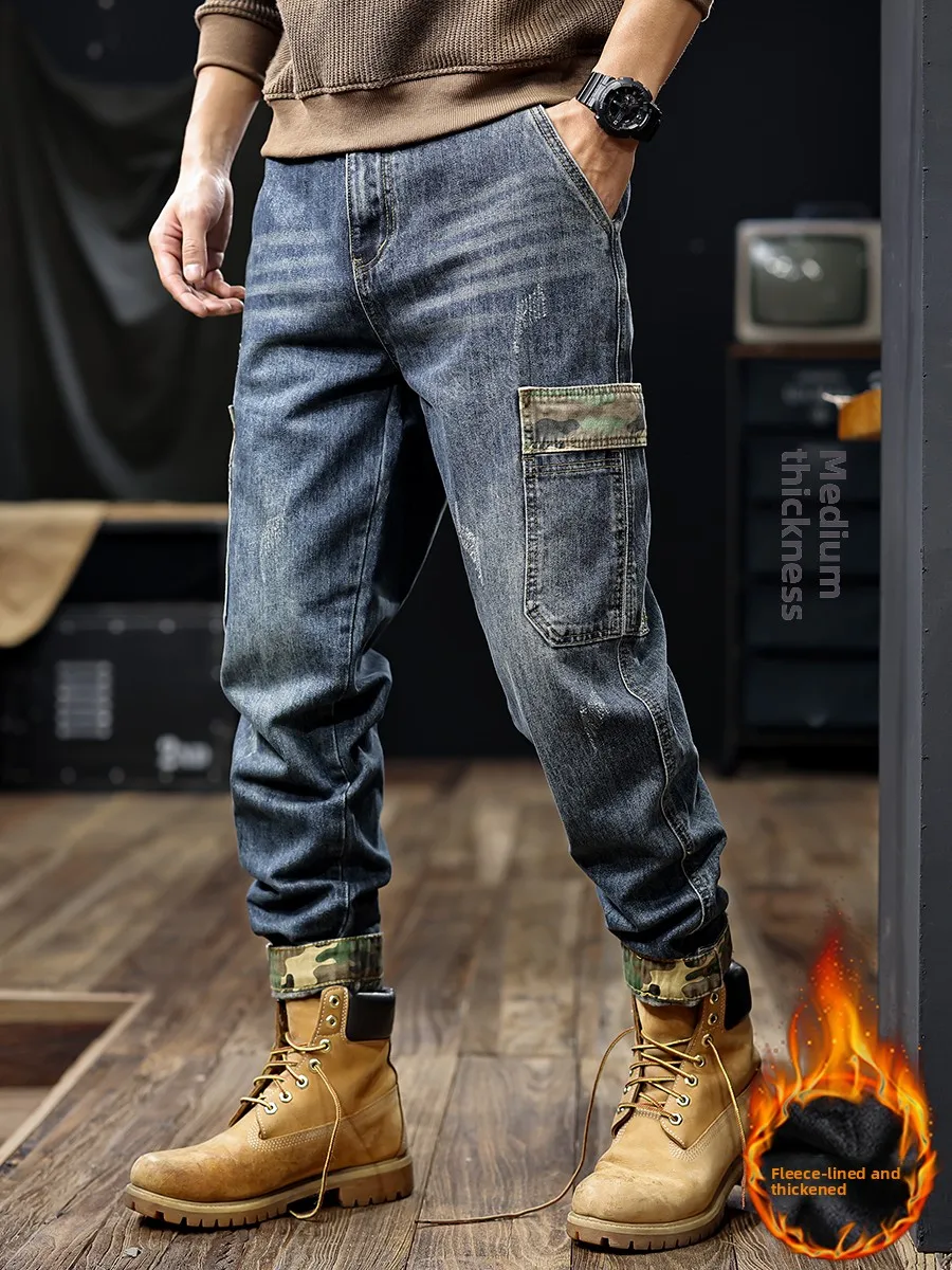 

Джинсы с подкладкой в стиле ретро, мужские свободные джинсы больших размеров, американские брюки в стиле ретро, спецодежда, зимние модные городские брюки