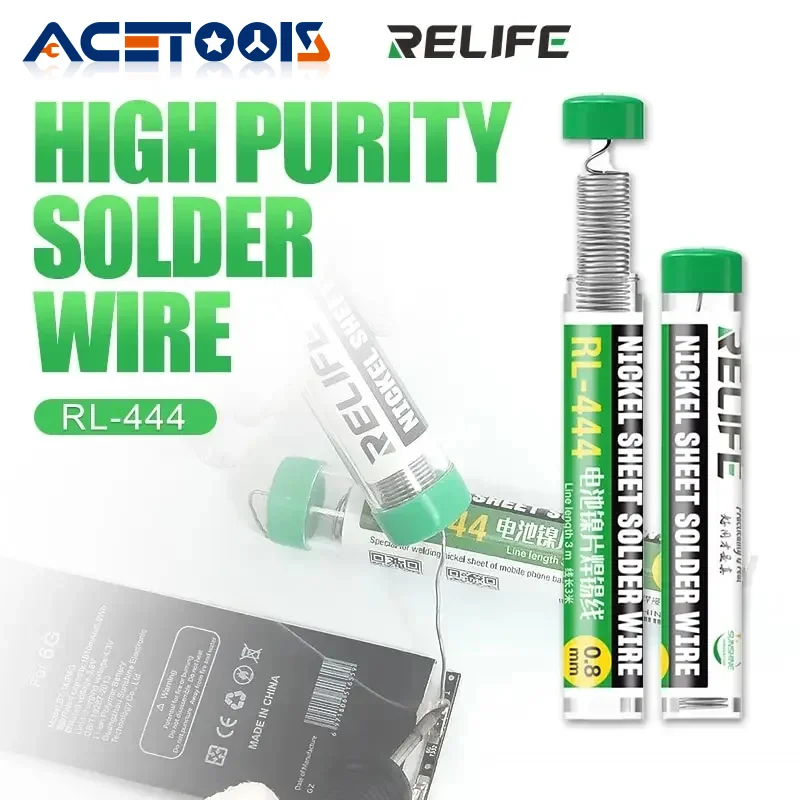 RELIFE-携帯電話のバッテリーRL-444,ニッケルシートのはんだワイヤー,高純度のスズ含有量,スプラッシュや煙の少ないしっかりとした接着,0.8mm