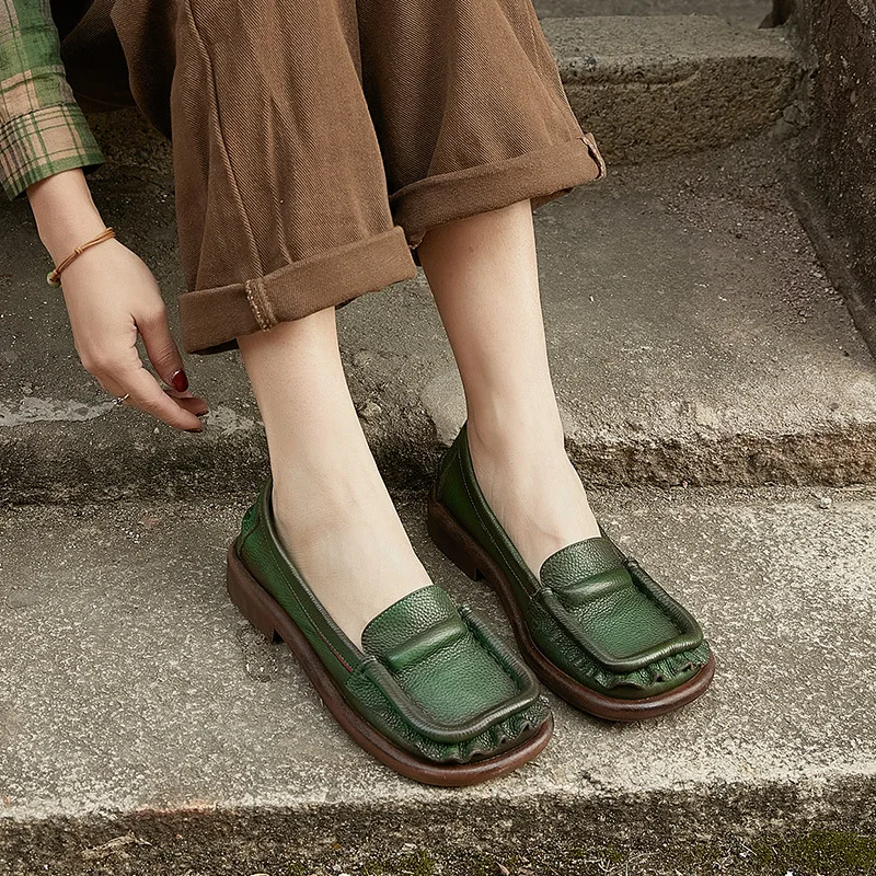 

Loafers Women Shoes Leather Square Toe Casual Ugly Cute Big Toe Shoes Woman Genuine Leather Low Heels Spring Handmade Shoes2023
