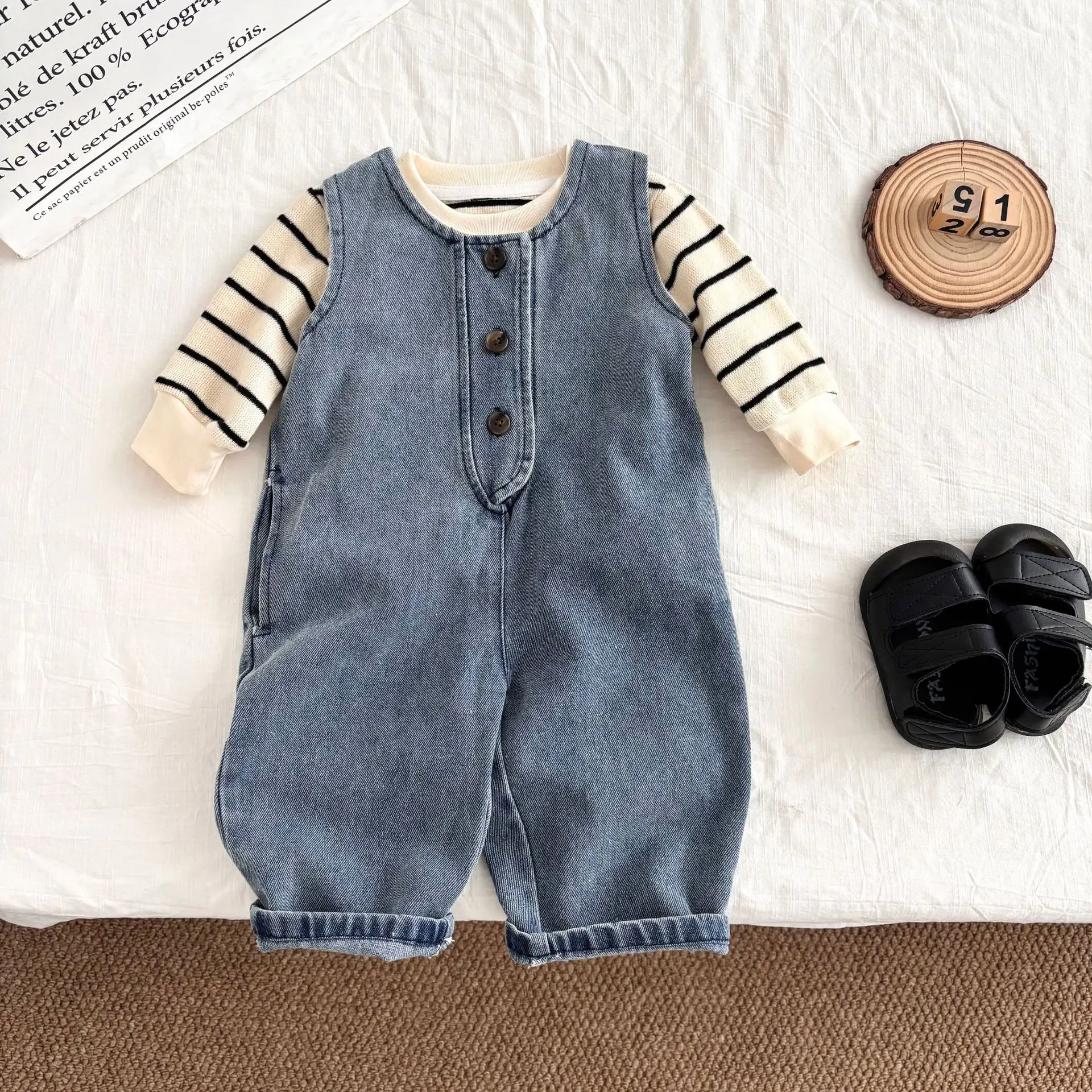 

Spring Baby Clothing Outfit 0-2Y Striped Top + Denim Overall Boy Infant 2Pcs Suit Unisex Girl Toddler Sleeveless Romper Sets