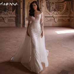 Modesto vestido de casamento de manga longa brilhante lantejoulas contas noiva robe elegante trem destacável vestido de noiva personalizado robe de mariée