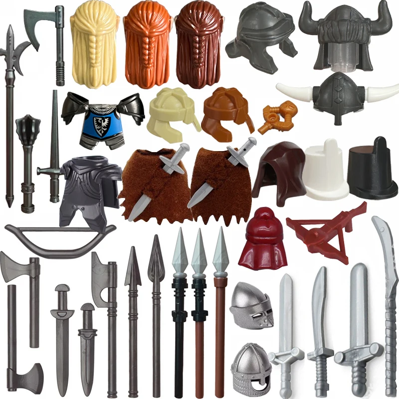 MOC Medieval Accessories Building Blocks Soldier Figure Knight Helmet Hat Armour Elf Hairstyle Arrows Spears Bricks Toy Gift E02