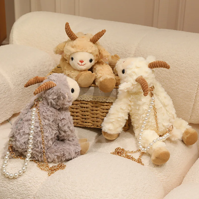 Upright Goat Plush Keychain Kawaii Farm Animal with Dual Strap Gold Chain Pearl Beads for Travel Handbag Souvenir Gift