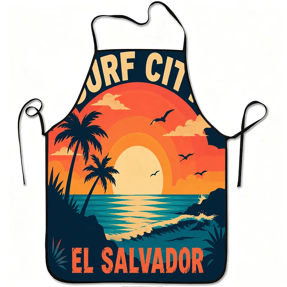 1pc Surf City El Salvador Themed Apron with El Salvador Sunset Beach Print & Surf Suitable for Kitchen Cooking, Gardening, Orcha