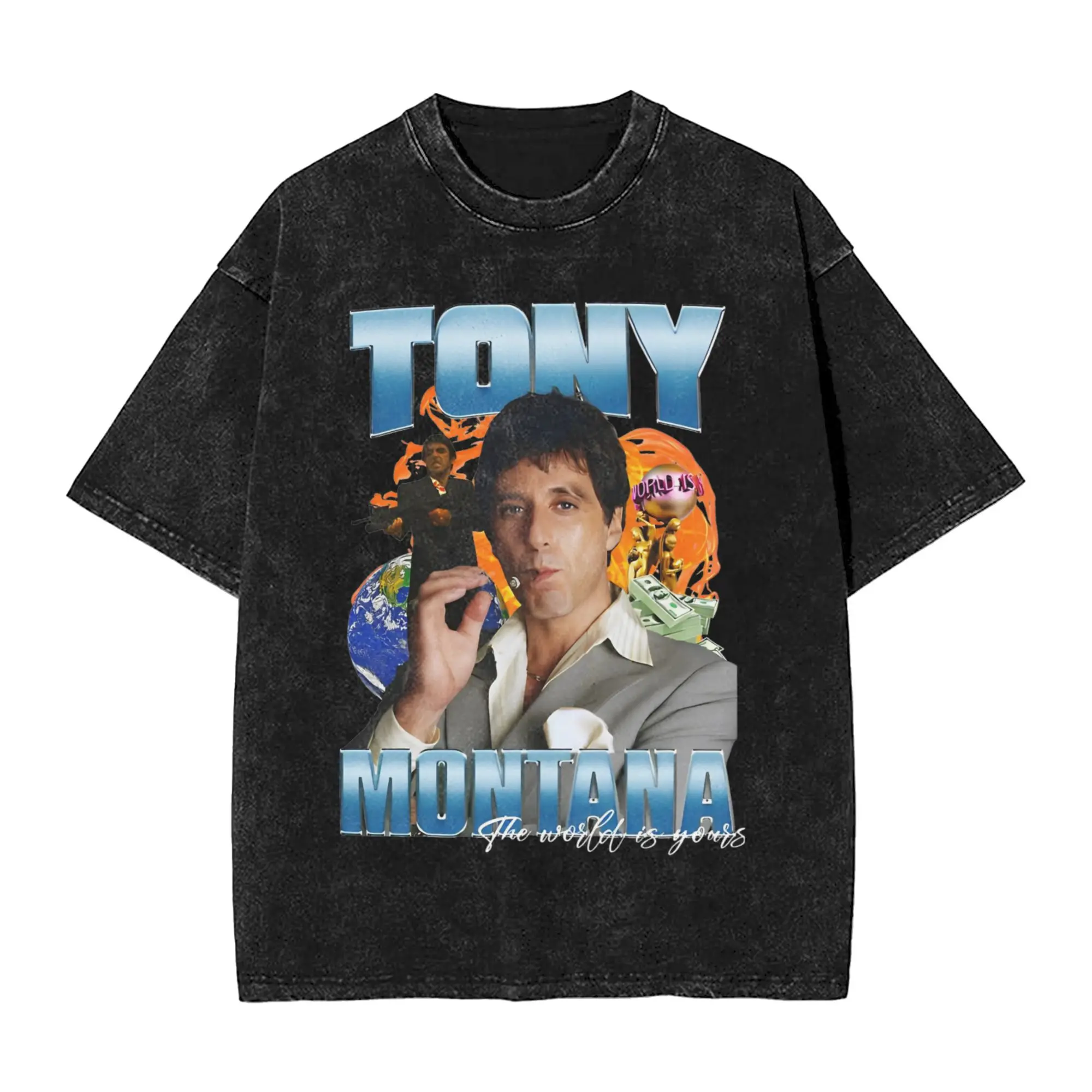

Tony Montanas Bootleg Scarface Washed T-Shirt Man Summer Round Neck Fashion Tee Shirt Simple Oversized Clothes