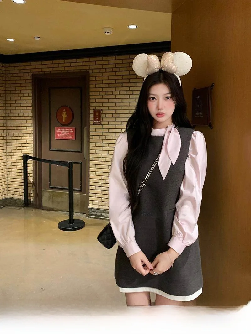 

ThePeachOfficial Zurich Corner Tweed Vest Skirt irt Two-Piece Set Girl's Straight Leg Polyester Wool Blend Long Sve irt