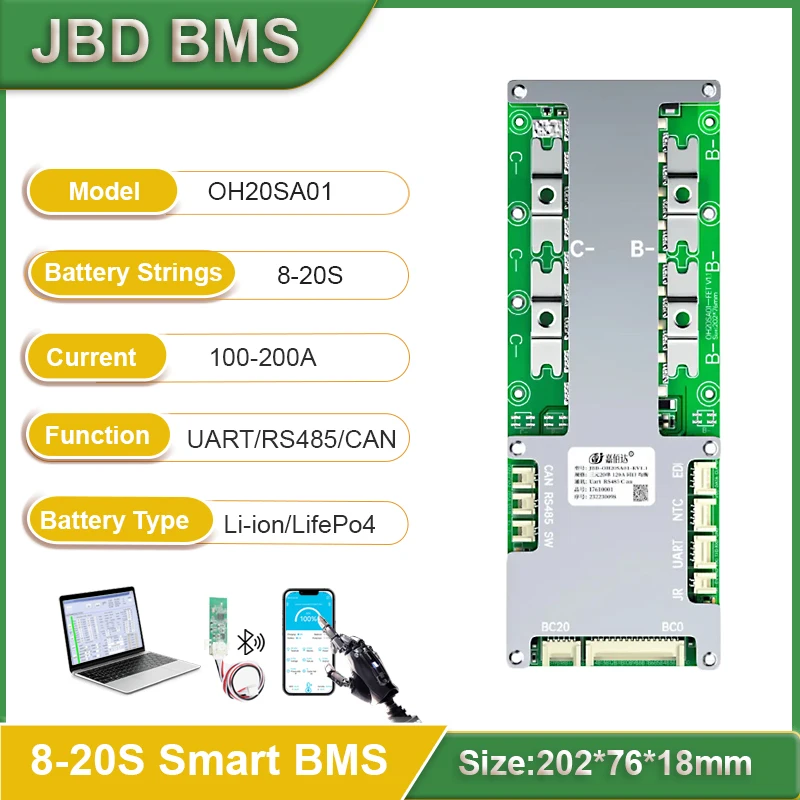 Jiabaida Smart BMS For Lifepo4 16S 48V 60V 8S 24V 200Amp 150A 120A 100A 12S 13S 14S 15S 17S 18S 19S 20S 72V BMS 10S 36V Li-ion