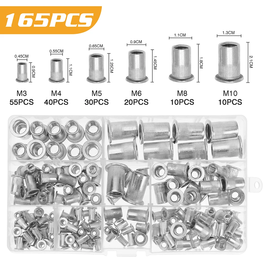 165pcs Aluminum Alloy Threaded Rivets M3 M4 M5 M6 M8 M10 Flat Head Nut Combination Set