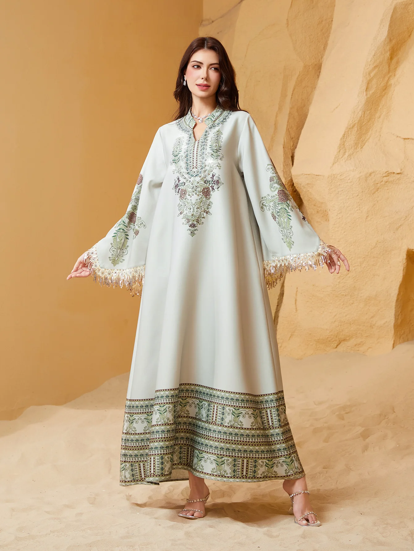 

Eid Tassel Print Dress Women Abaya Muslim V Neck Ramadan Jalabiya Party Dresses Dubai Long Robe Kaftan Vestidos Largos 2025