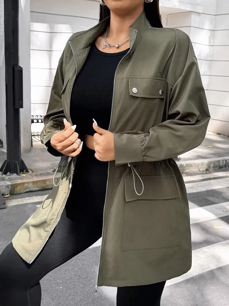 Plus Size Women Jacket, Stand Collar Zip Up Long Sleeve Coat, Drawstring Waist Multi Pockets Casual Mid Length Ladies Outerwear