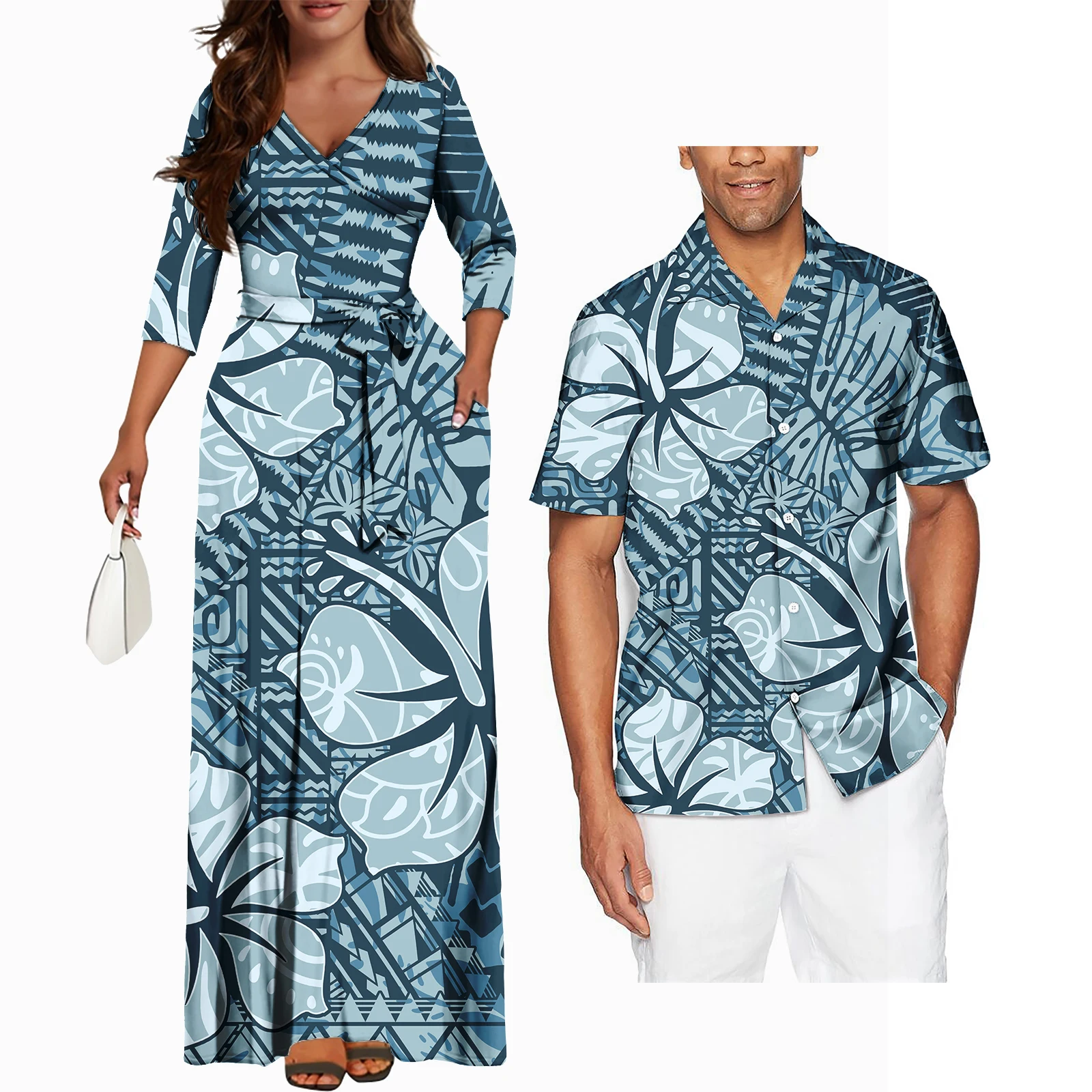 Polynesian Tribal Plumeria Couple Matching Outfits Summer Couple Outfit Set Casual Women Dresses Matching Men Shirt