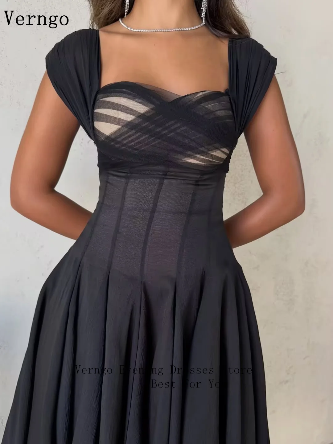 Verngo Black Tulle Evening Dress Spaghetti Straps A Line Pleated Formal Occasion Dress فساتين سهرة Prom GownCustomized 4