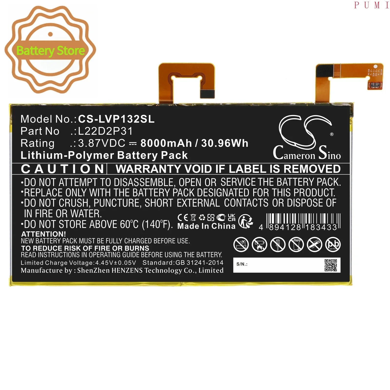 CS Replacement Battery for Lenovo Tab P11 Pro,TB-J706,TB132F PN:L22D2P31 8000mAh / 30.96Wh