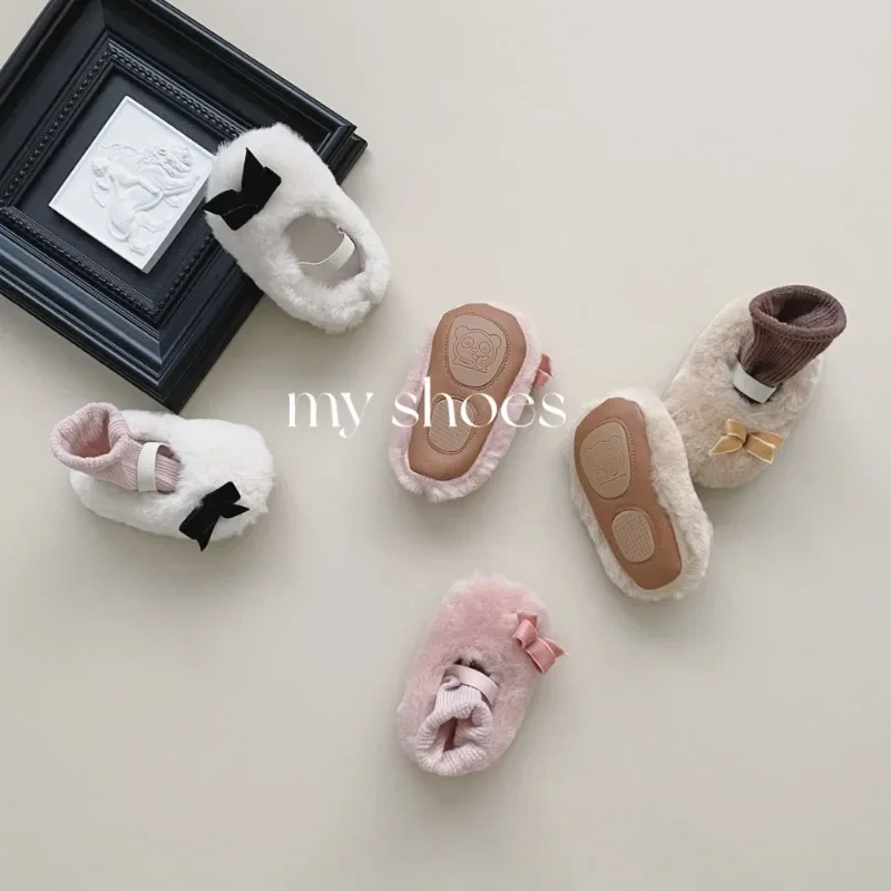 Girls Plush One Piece Fur Newborn Winter Soft Cotton Warm Fashion Outdoor Soft Soled Shoes Antiskid