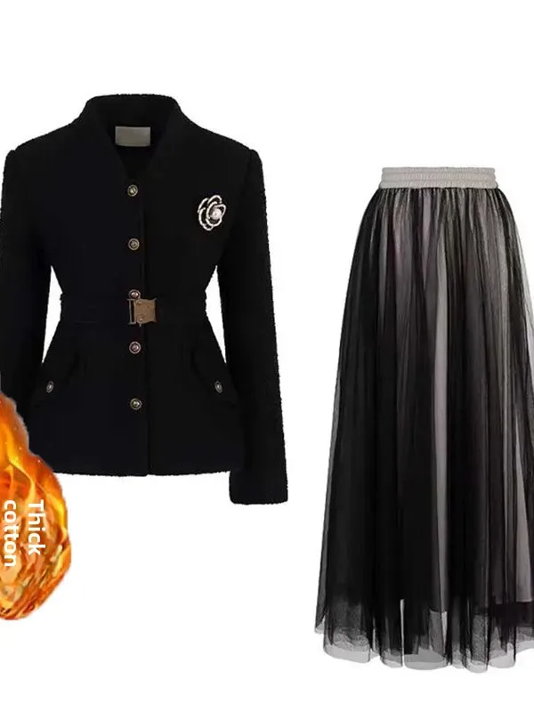 Completo Invernale in Cotone con Cintura in Vita e Gonna, Set Due Pezzi Casual da Donna, Tailleur con Vita Alta in Poliestere...