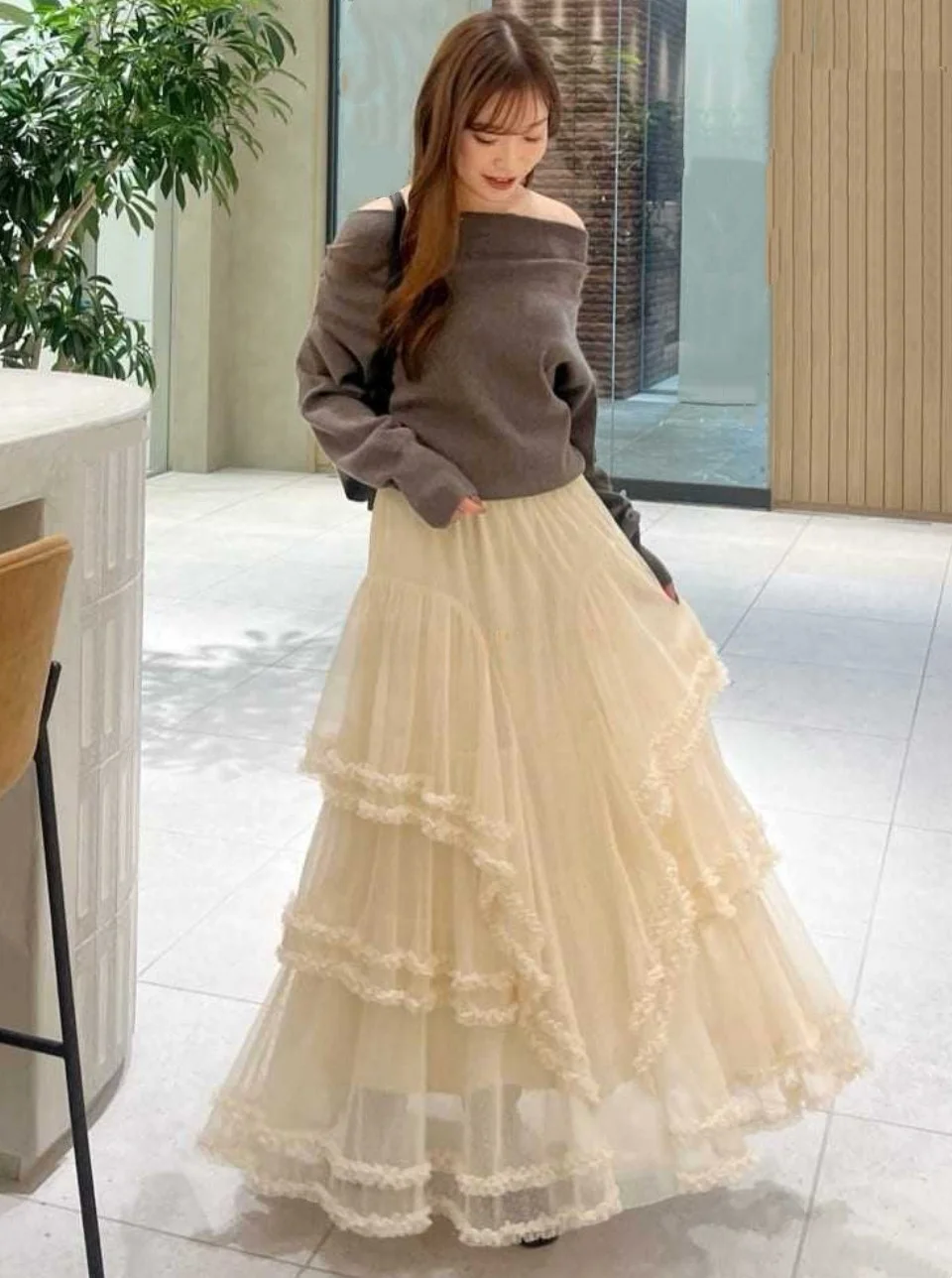 Pure Color Lace Trim Layered Tulle Cake Skirt High Waist Elastic Waistline Women's Premium Brand Half-length Skirts