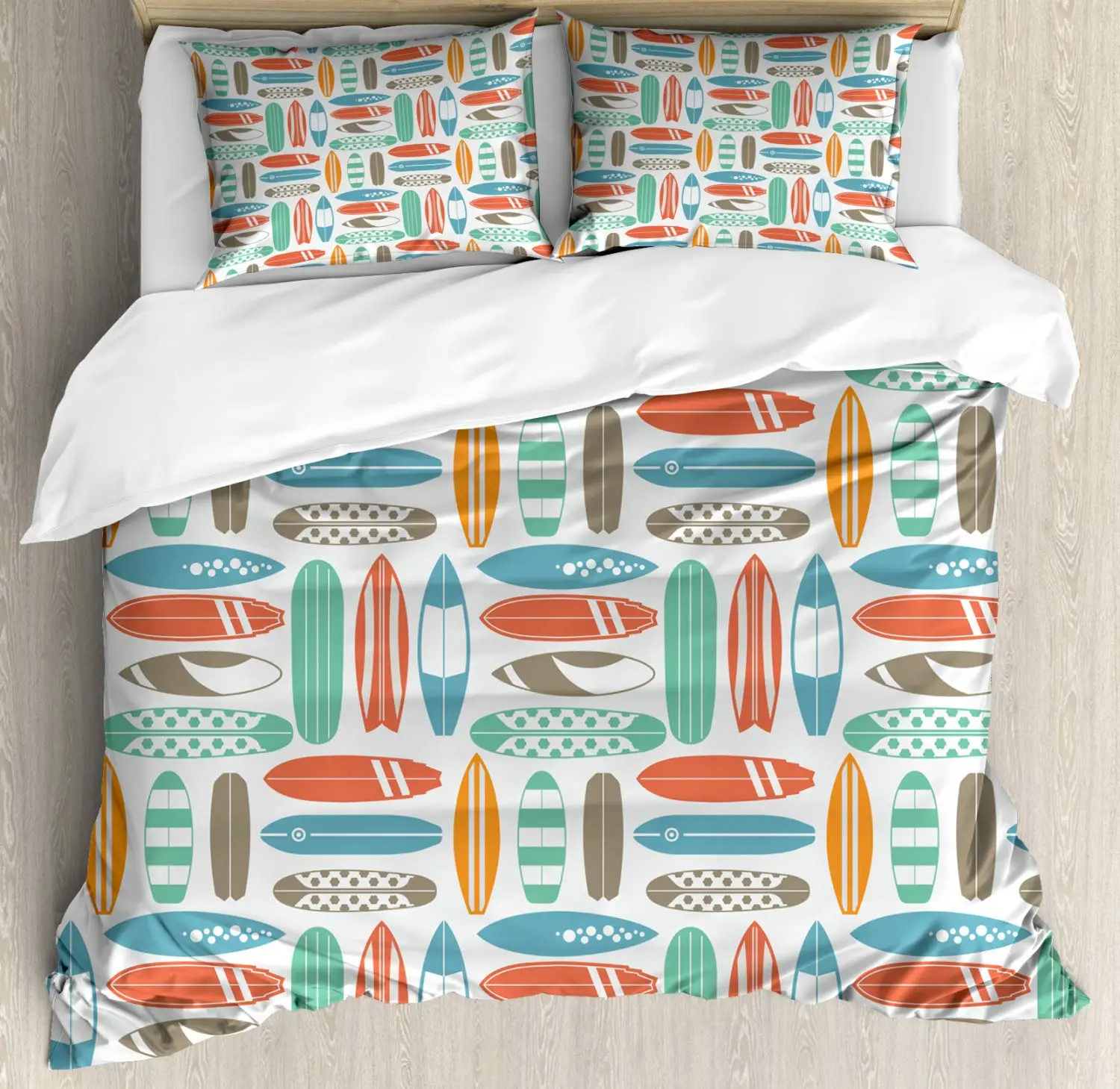 Surfboard Duvet Cover Colorful Surfing Sea Pattern Summer Travel Illustration In Retro Colors Decorative Coral Orange Kid Women