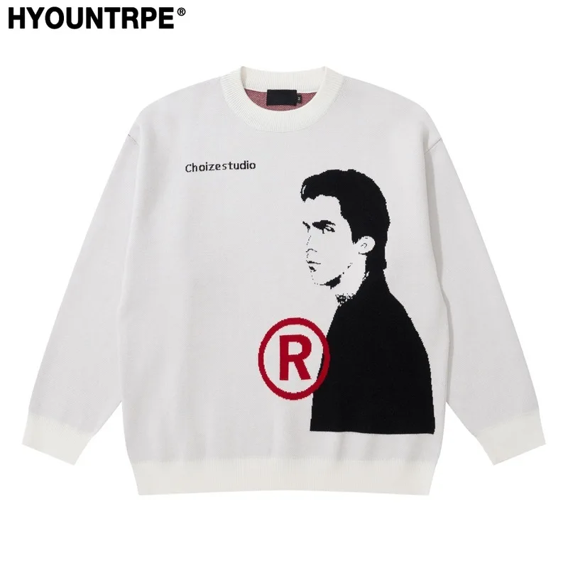 Hip Hop Anime Knitted Oversized Sweater Mens Autumn Winter O-neck Long Sleeve Pullover Streetwear New Loose Sweaters Clothing