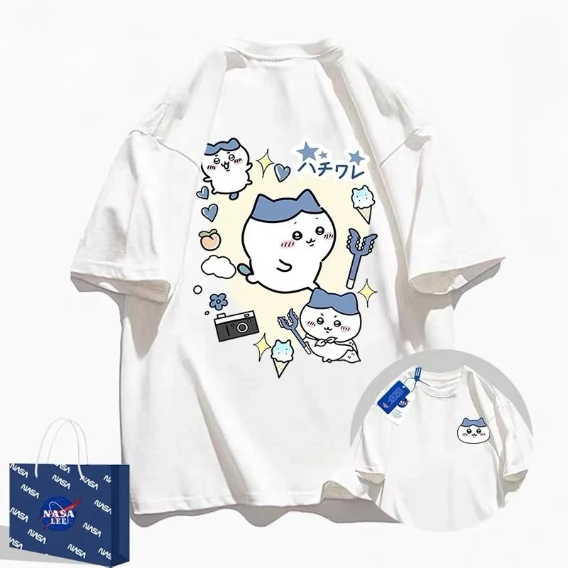 Chiikawa You Should Be Happy T-shirt Unisex Cute Three Characters Cartoon Print WhiteShort Sleeve Cotton Tee