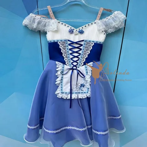 Giselle peasant women's ballet dress privately customized blue and white embroidered flower sparkling diamond long gauze skirt