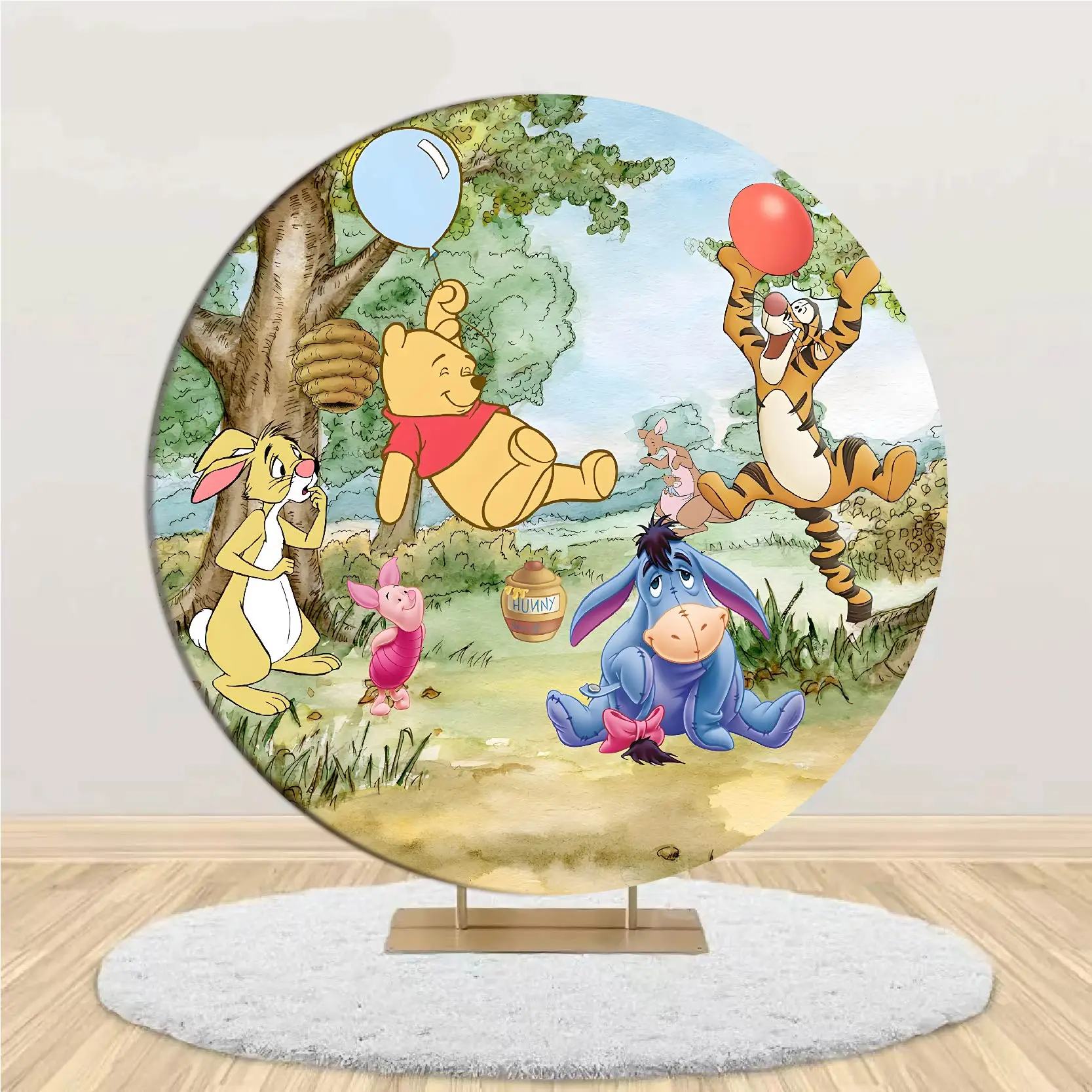 Baby Winnie The Pooh Kids Party Round Circular Backdrop Cover & Disney Cylinder Covers for Baby Shower Birthday Decoration