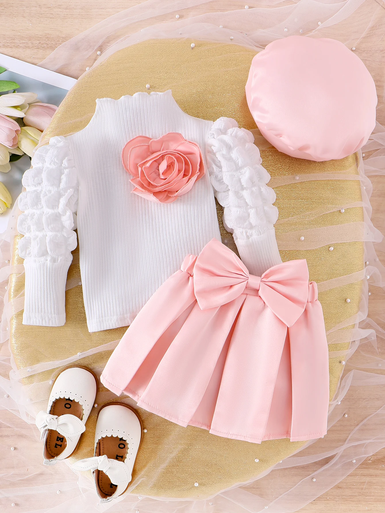 3PCS Autumn New Style For 0-3 Year Old Girls Comfortable Sweet Bubble Sleeve Top + Pink Pleated Skirt + Hat Set