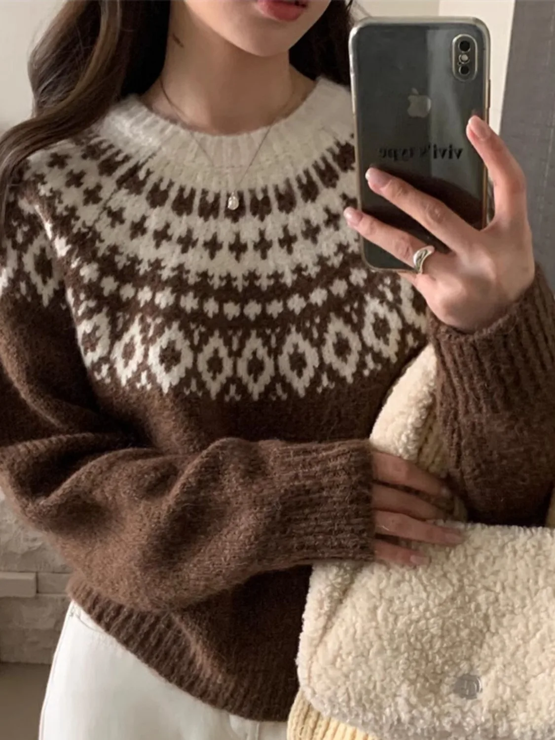 

Retro Winter Warm Fair Isle Knit Sweater Women's Loose Fit Overhead Color Blo Knitted irt Versatile High End Feeling