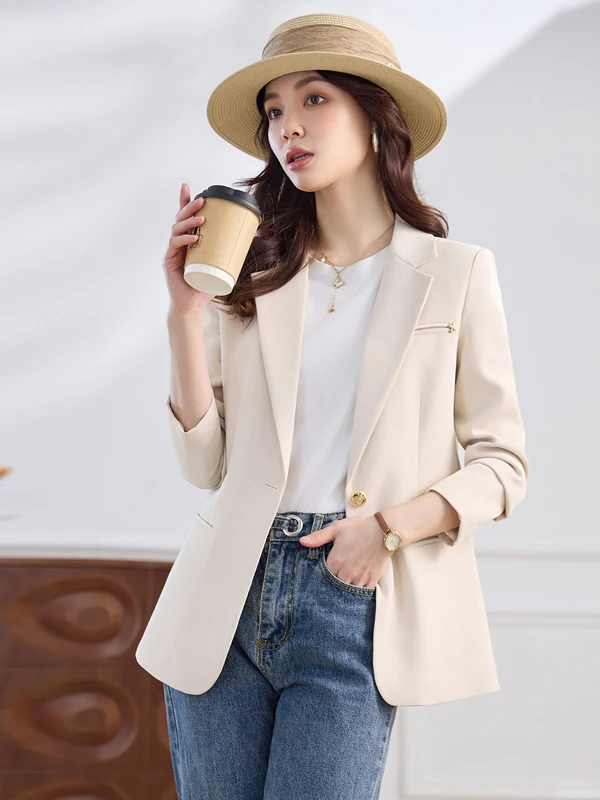 Elegant Pure Color Commute Professional Women's  Slim Fit Long Sleeve Anti-Wrinkle round Hemline Business Suit Coat