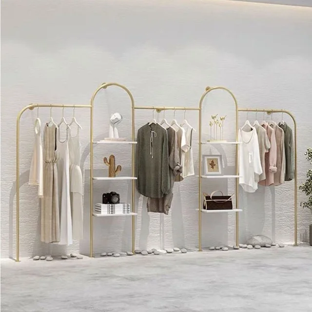 #Boutique Furniture Gold Display Rack Clothes Commercial Hanging Garment Stand Clothing Racks Store Wall Unit For Retail Display
