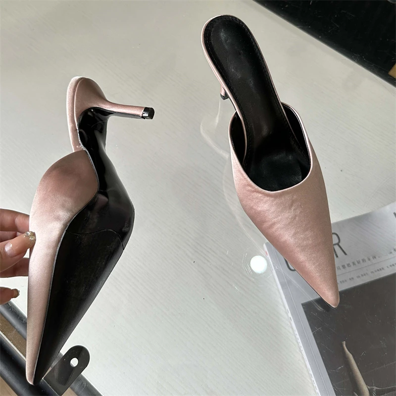 Eilyken New Fashion Pointed Toe Mules Slippers Woman Concise Satins Shallow Thin Heels Party Dress Ladies Shoes