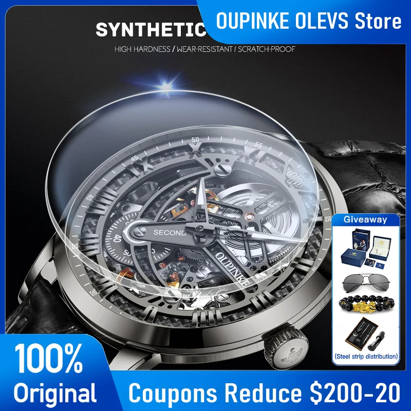 

OUPINKE 3173 Skeleton Automatic Mechanical Watch Luxury Brand 50M Waterproof Watch Leather Strap Mens Watch Box Gifts Reloj