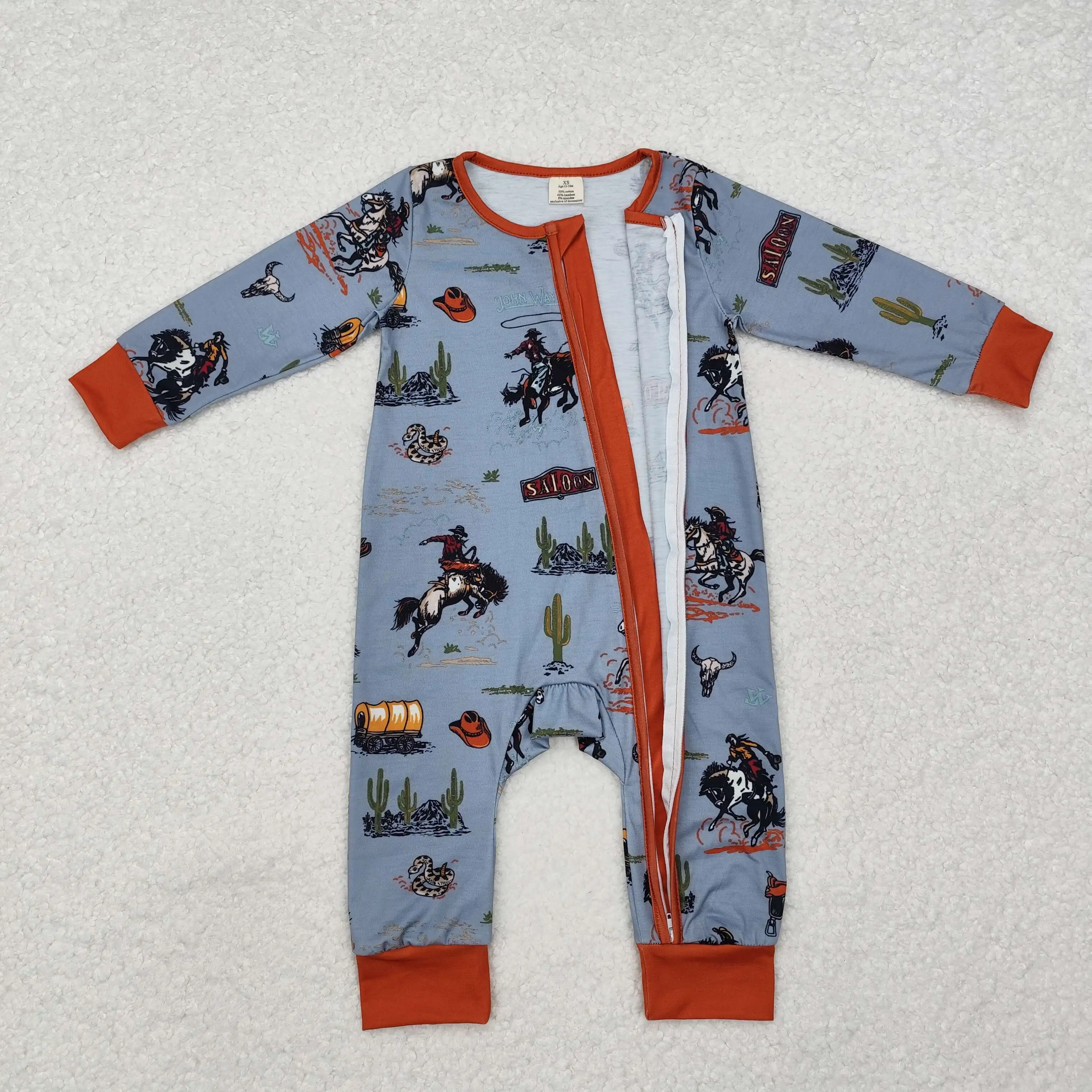 new rts baby boy romper wholesale boutique western style riding cactus pattern brown boy onesie