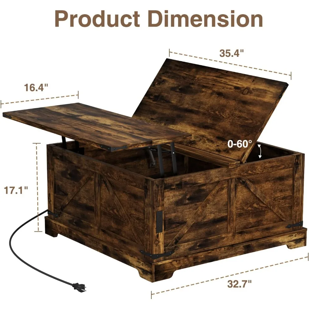 Farmhouse Style Square Coffee Table with Lift Top Storage and Charging Station, Rustic Wood Cocktail Table