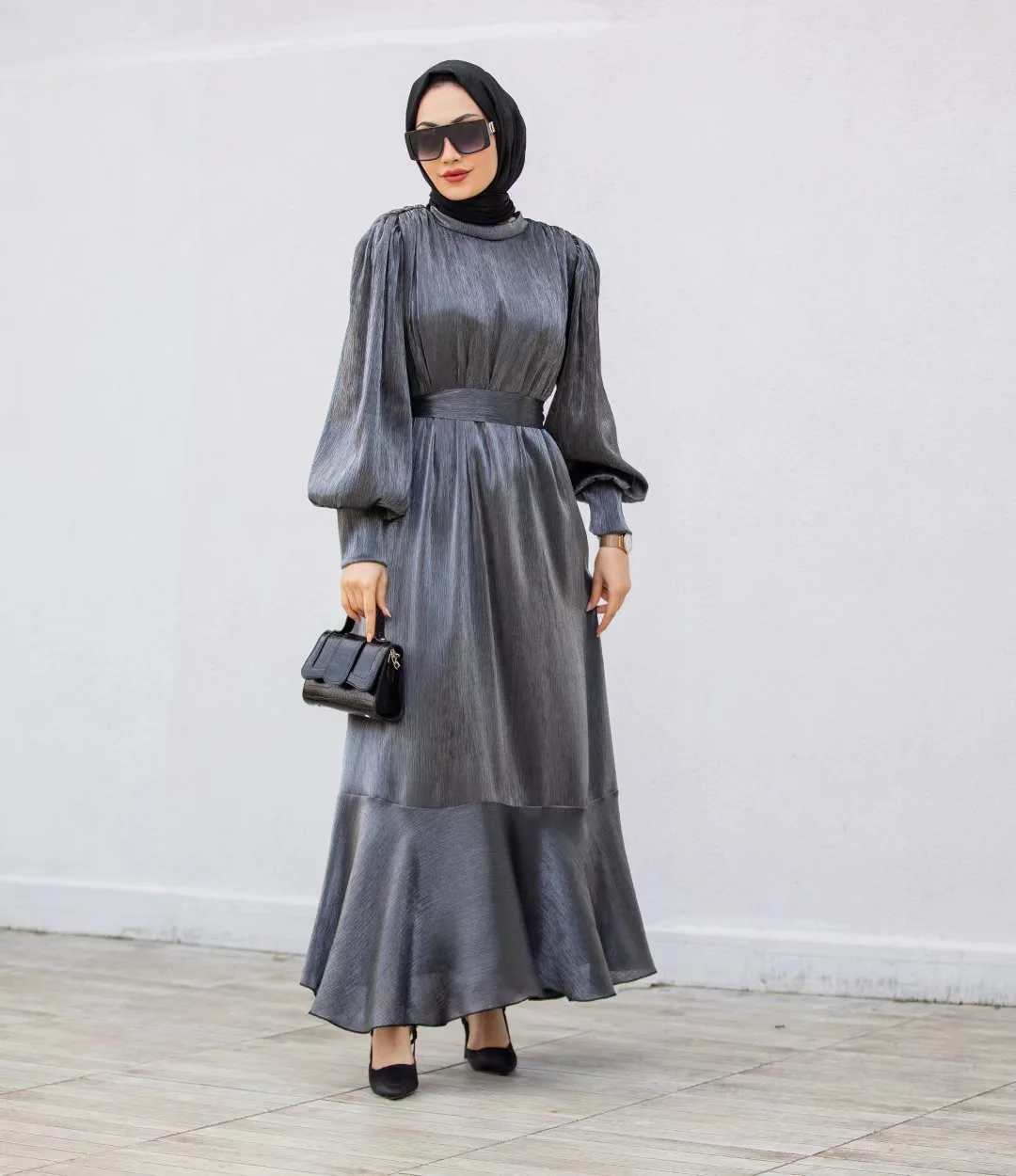 Muslim Fashion Clothes Women Abaya Dubai Arab Puff Sleeves Lace-up Dress Solid with Ruffles Robe Turkey Caftan Marocain Abayas