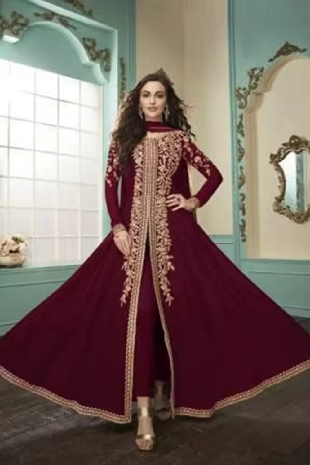 Burgundy Slit Style Embroidered bridal Anarkali Suit indian wear festival gold lace applique long sleeve wedding dress jumpsuit
